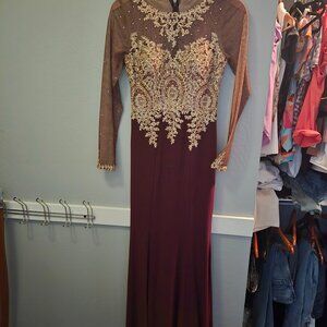 Xscape Evening Gown 2, sheer long sleeve maroon